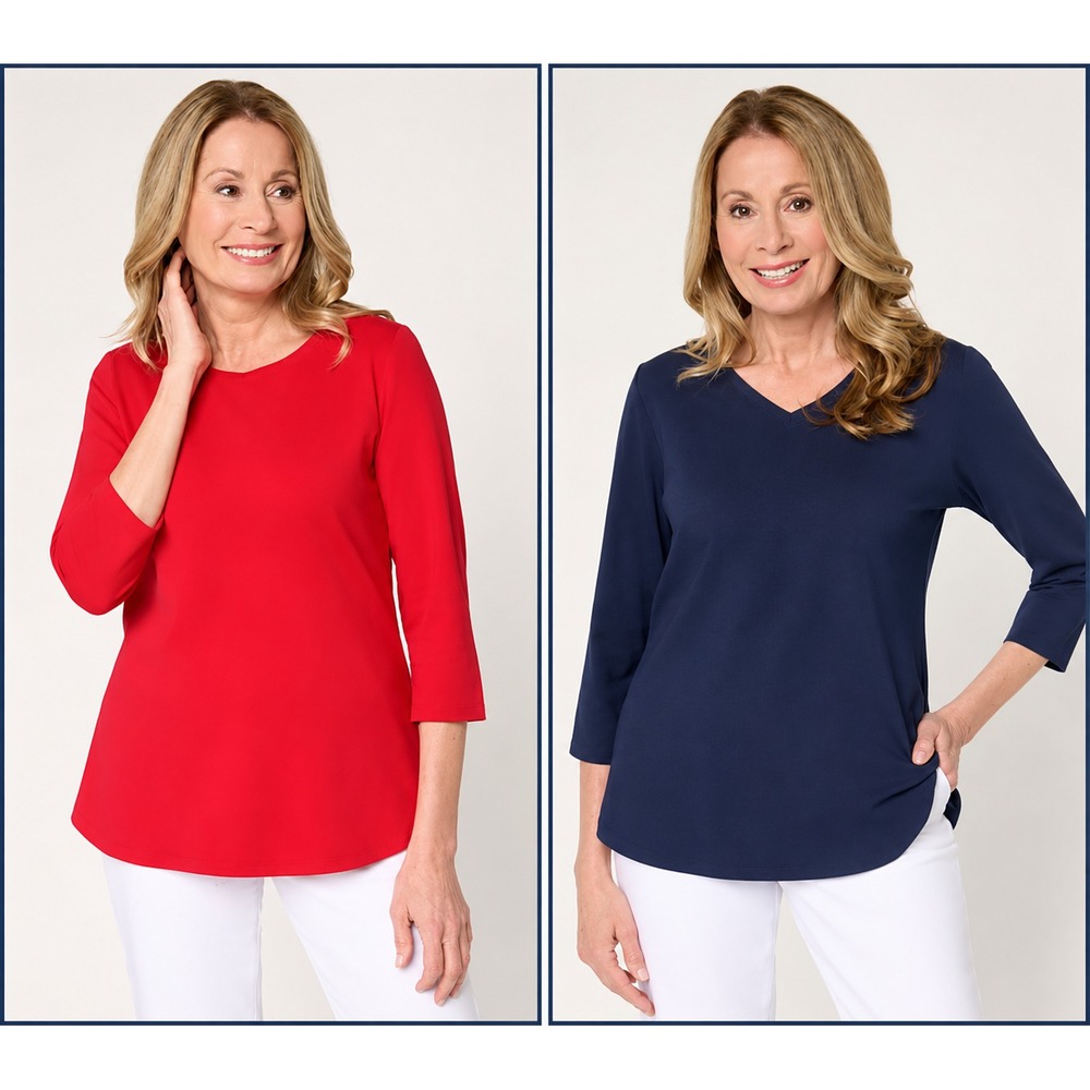 Belle by Kim Gravel TripleLuxe Knit Set of 2 3/4 Sleeve Tops Americana Large